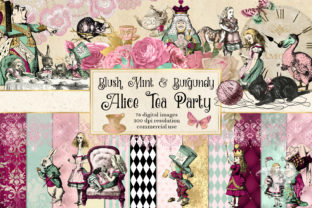 Blush Mint and Burgundy Alice Tea Party: Whimsical Design Assets