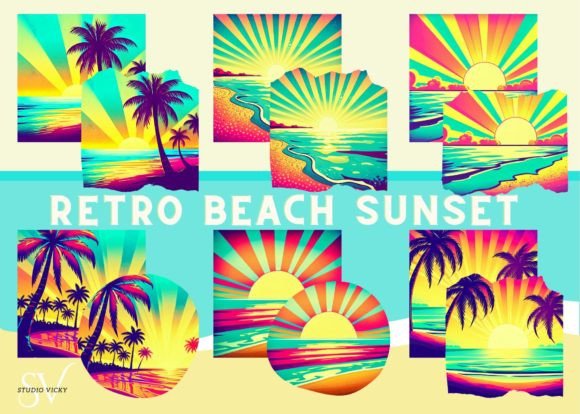 Capture Summer Nostalgia: The Retro Beach Sunset Clipart Bundle