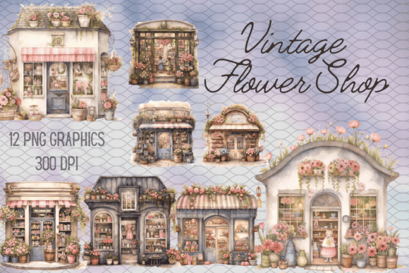 Charming Vintage Flower Shop Watercolor Graphics for Creative Projects