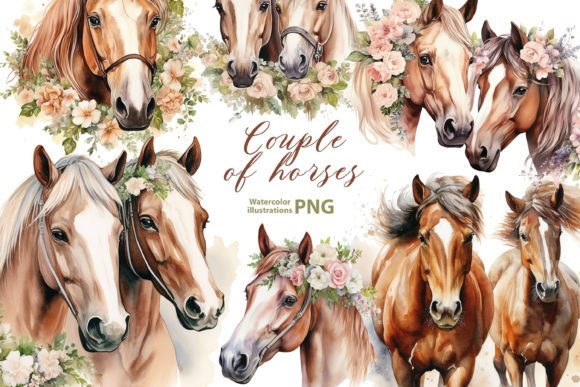 Charming Watercolor Couple of Horses for Creative Projects