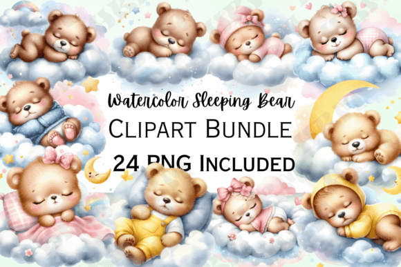 Cute Watercolor Sleeping Bear Clipart for Dreamy Designs