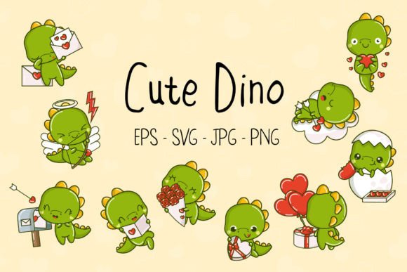 Dino, Set of Animals in Love: A Kawaii Valentine's Collection