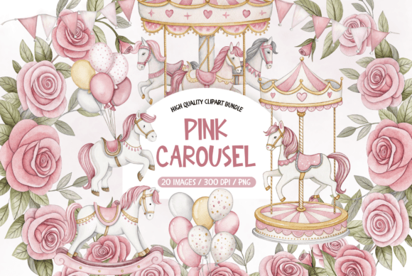 Enchanting Watercolor Pink Carousel Clipart for Your Designs