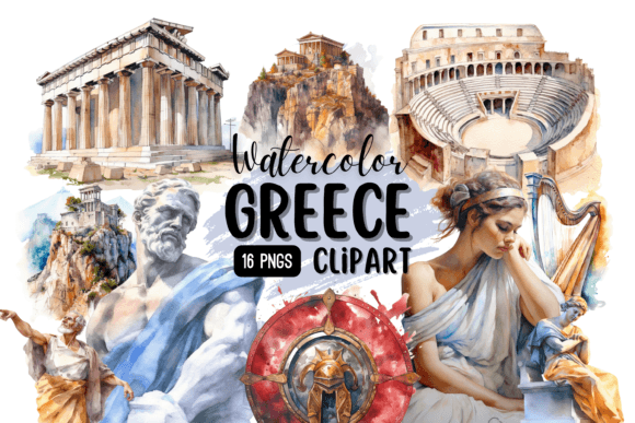 Watercolor Greece Clipart: Ancient Greek Designs
